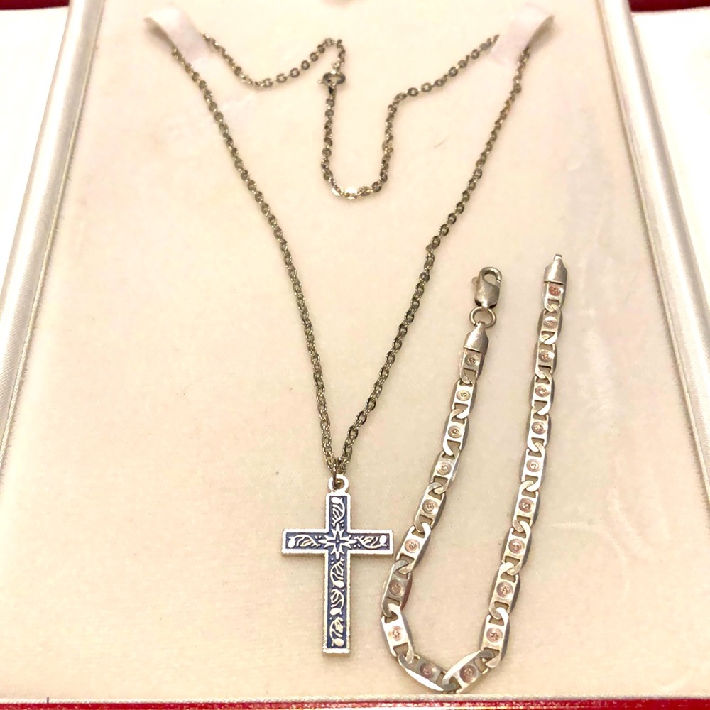Blue and silver tone cross pendant & 925 silver bracelet